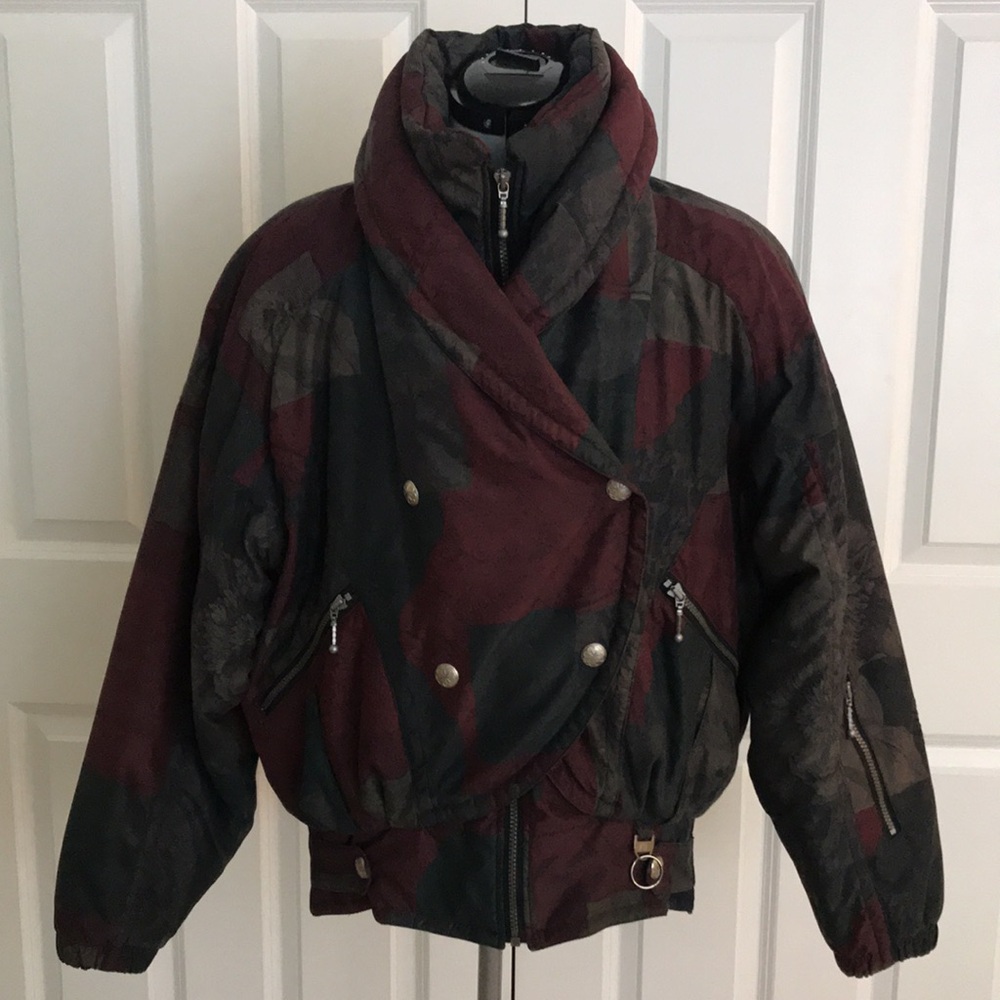 NILS Skiwear Down Filled Black Gray Burgundy Floral Ski Coat Jacket Size 12